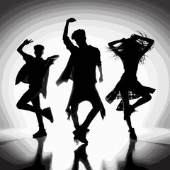 Silhouetted teen dancers, energetic street dance moves. Black and white. Monochrome background with spotlight effect. 