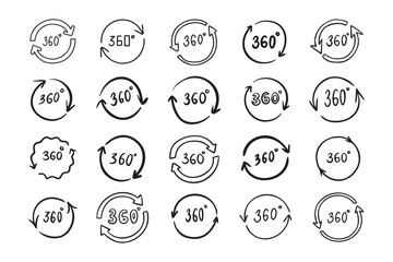 Doodle 360 degree. Hand drawn outline style set
