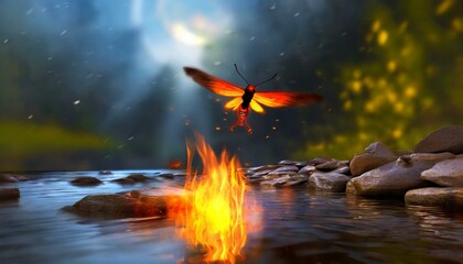 A firefly crossing a river on fire