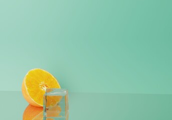 Icy Light Green Minimal surface background with Fresh Cut Orange and Ice cube. 3D Illustration on empty table shelf for elegant healthy, food beauty summer product presentation. 3D Render