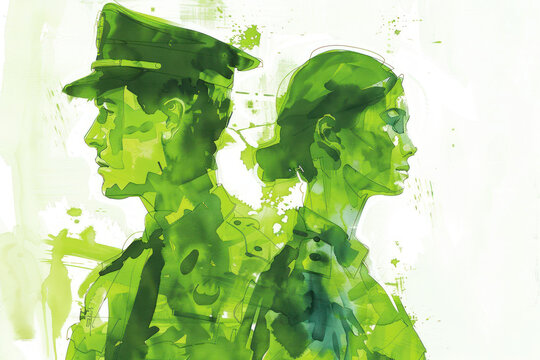 Green digital painting of cops in police officer uniform, security