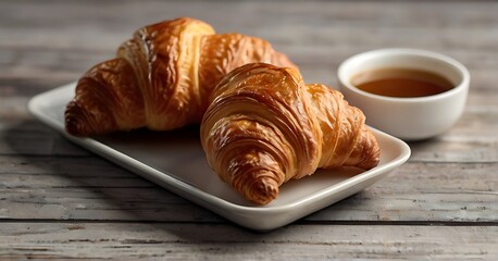 a stunning realistic sweet food photograph featuring a Croissant, beautifully decorated with intricate details with a focus on exquisite plating and attention to detail