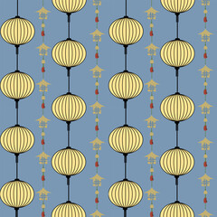 Japanese fabric patterns, golden lanterns, goldfish, koi fish, auspicious fish and ocean waves.