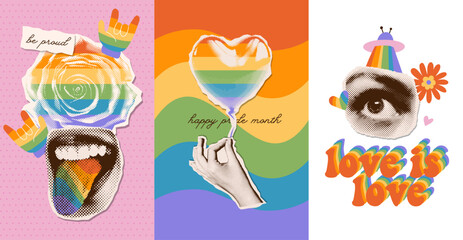 Pride month greeting cards set. Retro halftone collage in contemporary groovy hippie style. Concept of lgbt, pride, love, human rights. Modern vector posters with dotted mouth, roses in colors of flag