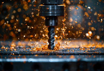 Mechanical engineering. A drill milling its way through metal - obrazy, fototapety, plakaty