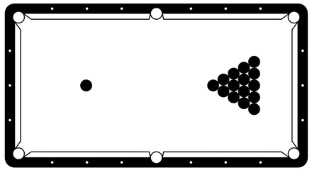 Billiard balls for billiard triangle. Billiard table or snooker table with cues and balls rack. Pyramid of billiard balls for pool table with cue and ball. Sport game tools. Balls racks. Game rules.