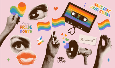 Pride month halftone collage paper stickers set in a contemporary punk grunge style. Eyes, hands, lips, megaphone and vintage music cassette. Trendy nostalgic collection for LGBT Pride month. Vector