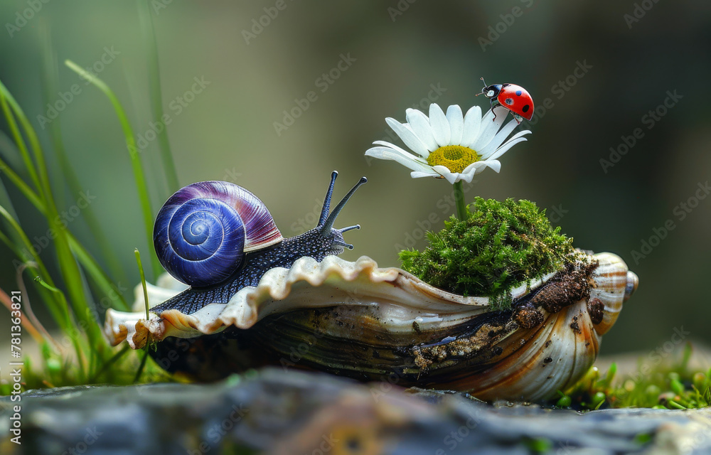 Poster snail and ladybug on snail shell with daisy