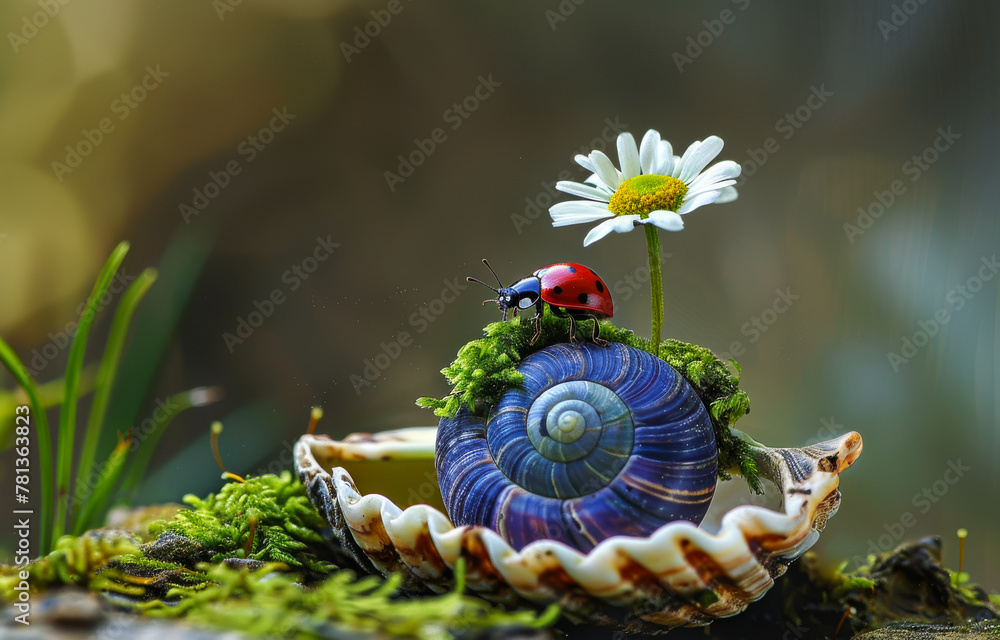 Poster ladybug and snail on shell with daisy