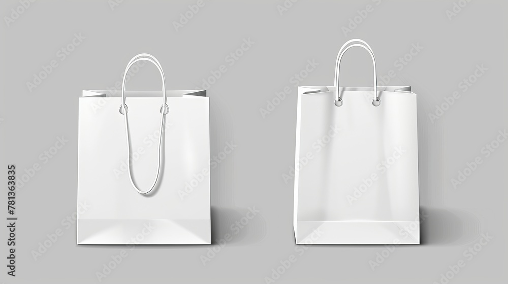Poster mockup of a white paper shopping bag in front and top view with handles isolated on a gray backgroun