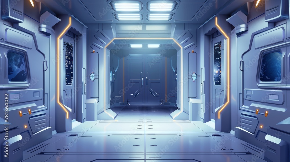 Poster modern realistic image of an empty hallway with steel gates open and closed in a spaceship, submarin