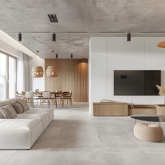 Fototapeta premium Minimalist style living room, light gray marble floor tiles and white walls, large concrete TV wall cabinet with wooden top surface on the right side of the tv wall, modern sofa in front of table