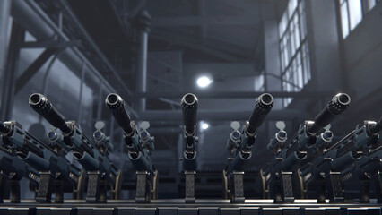 World military machine gun Machine Gun production line. Factory process. War concept. Realistic 4k animation 3d rendering