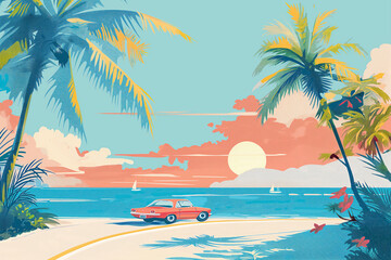Vintage car driving along the beach with palm trees and flowers in the foreground, and a sunset sky with clouds, and blue sea in the background, in the retro poster art style
