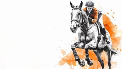 Fotobehang A horse and jockey at show jumping competition in orange watercolor painting © Ema
