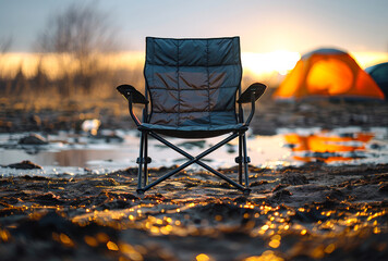 Folding chair stands on the shore of lake at sunset - obrazy, fototapety, plakaty