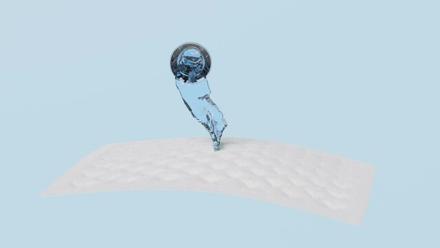 3d pour water from a drinking glass onto the absorbent pad and ventilate shows with synthetic fiber hair, water droplets for diapers, sanitary napkin, baby diaper adult concept, 3d render illustration