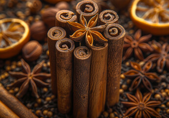 Cinnamon sticks and anise stars on black background