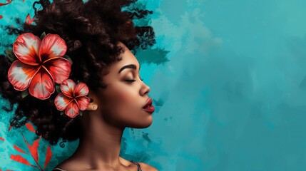 header african American Girl With flower blue background.