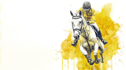 A horse and jockey at show jumping competition in yellow watercolor painting