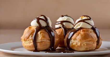 a stunning realistic sweet food photograph featuring a Profiteroles, beautifully decorated with...