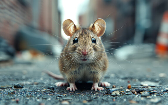 Mouse stands on street with its front paws on the ground
