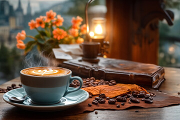 Cappuccino fumante in un costesto romantico con città sullo sfonfo, fiori e chicchi di caffè 