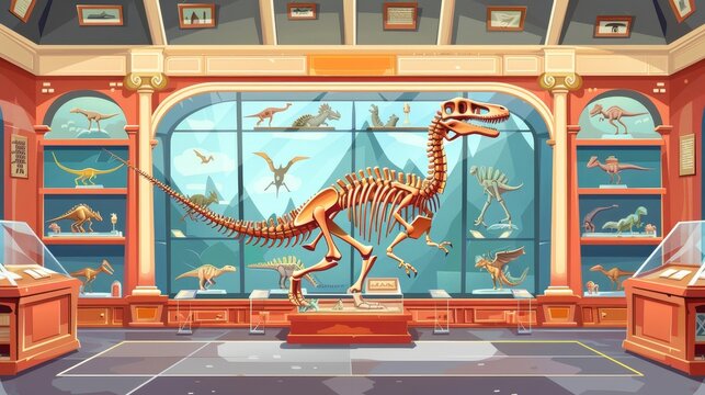 A dinosaur skeleton found in a museum of history, along with pterodactyl fossils and ancient artefacts displayed in a paleontological exhibition. Paleontology archeology science cartoon illustration.