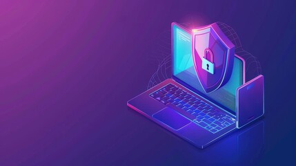 The privacy policy isometric landing page explains data protection, e-security and online safety. The laptop with a generated template is designed with a shield and lock 3D modern line art web banner