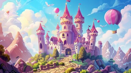 An air balloon in the sky and flying turrets on a pink magic castle in the mountains. Fantasy architecture modern illustration with flying turrets in the sky. - obrazy, fototapety, plakaty