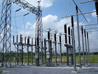 The steel structure of the high voltage take-off tower and electrical equipment in the switchyard,...