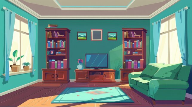 This cartoon illustration shows a living room interior with a couch and television on the wall, bookshelves, and couches. It also shows a small apartment with a cozy seat in front of a television set