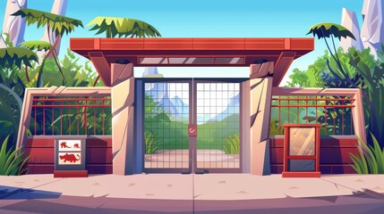 Animal cage gates with monks, crocodiles, tigers, grizzlies, hyenas in a zoo with a cashier booth at the entrance with a billboard, fences, stone pillars and a bannister. Cartoon modern illustration.