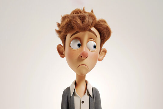 Sad stressed disappointed cartoon character young man male boy person wearing shirt and sweater in 3d style design on light background. Human people feelings expression concept