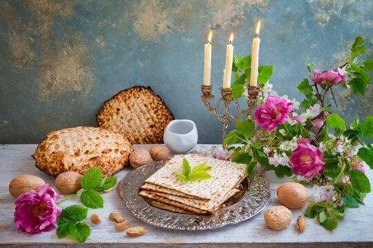 Jewish traditional holiday with Passover unleavened bread Matzah Pesach celebration a ritual AI Generative