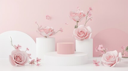 Pink podium with flowers, product podium