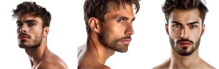 Handsome man with bare shoulder. Unshaven face skin. Mens skincare