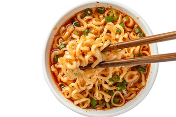 Top view and close up: Hot instant noodle in the wooden chopsticks on white background. Spicy taste, street food. generative ai