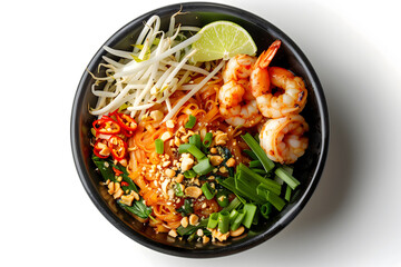 Top view: PAD THAI in a black plate with shrimp, lemon, spicy Thai street food, popular menu. generative ai