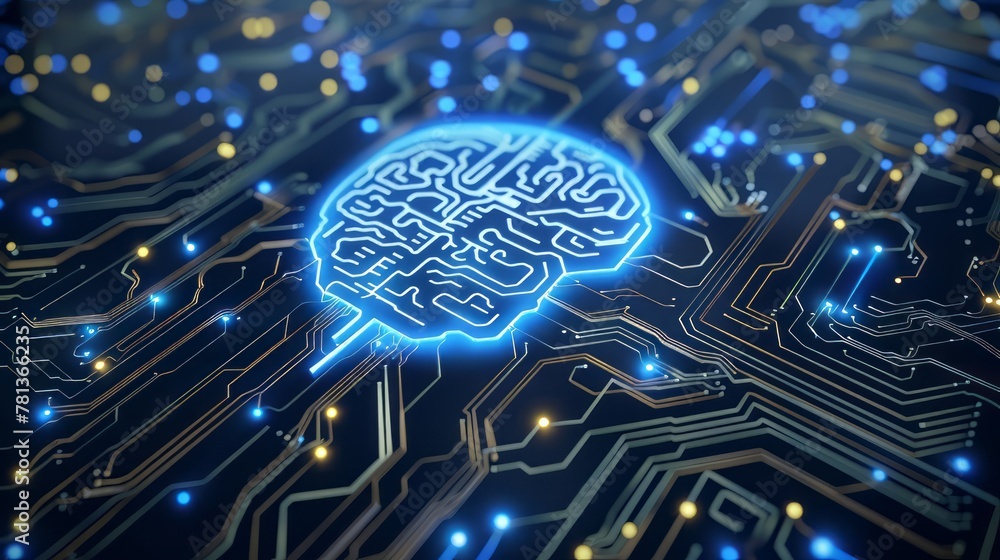 Poster a computer chip with a brain on it. the chip is surrounded by a blue and yellow background