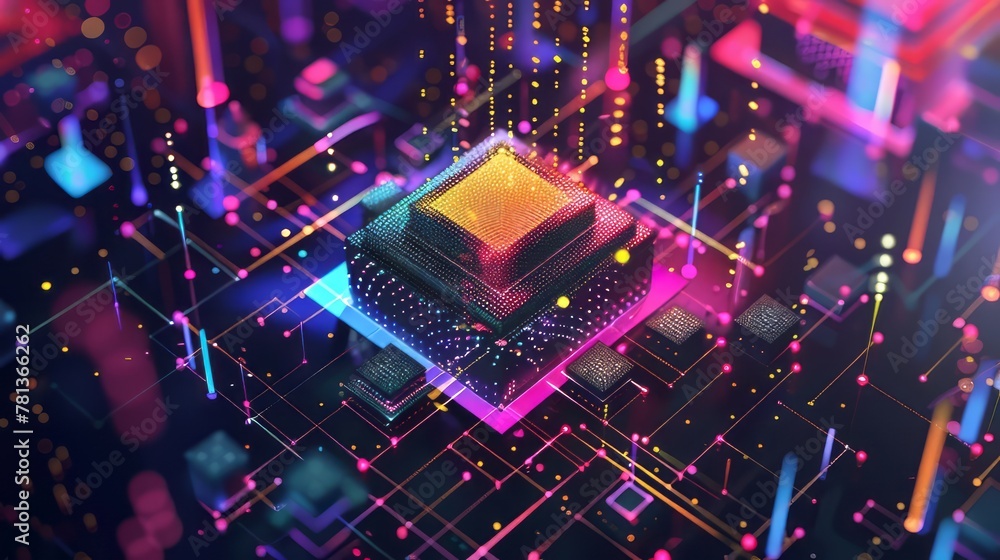 Aufkleber a colorful computer chip is shown in a cityscape. the chip is surrounded by a network of wires and l