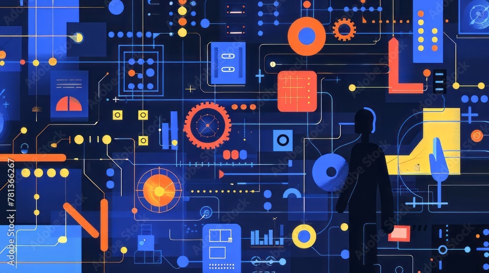 Aufkleber a colorful image of a man looking at a computer screen with a lot of buttons and wires. concept of t
