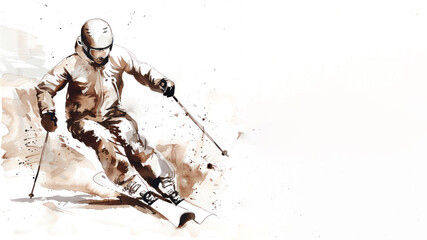 Skier in action on slope of the snow in brown watercolor painting art
