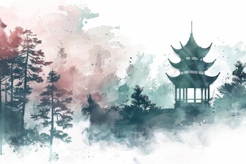 Fototapeta premium KSA Chinese style tower surrounded_by_trees and plants.
