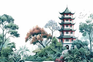 Fototapeta premium KSA Chinese style tower surrounded_by_trees and plants.
