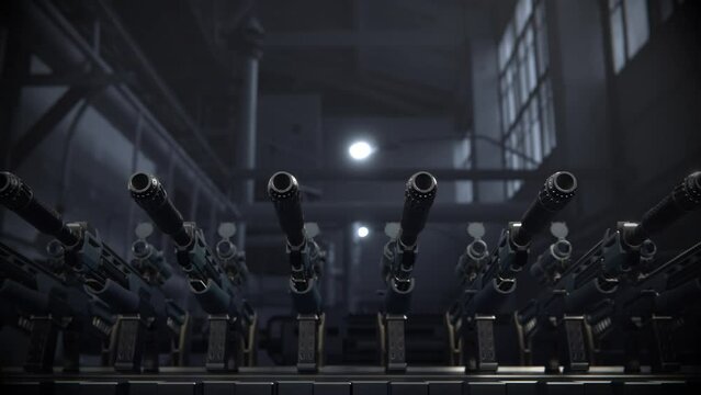 World military machine gun Machine Gun production line. Factory process. War concept. Realistic 4k animation 3d rendering