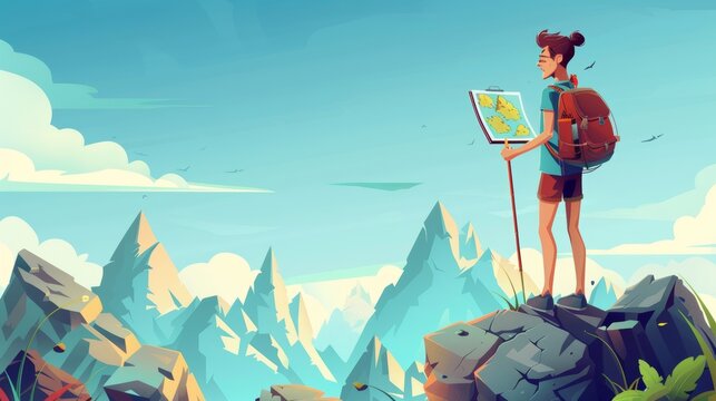 Tourist at mountains holding backpack and map looking into distance on high peak. Travel journey, adventure. Cartoon modern image with extreme hiking lifestyle.