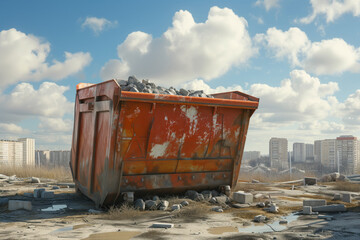 Dumpster full of construction waste debris is positioned near construction site. AI Generative