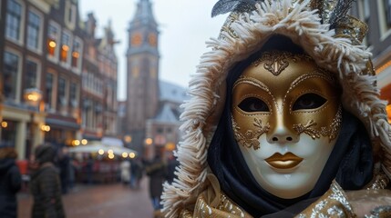 Masked performer in dazzling outfit on urban street