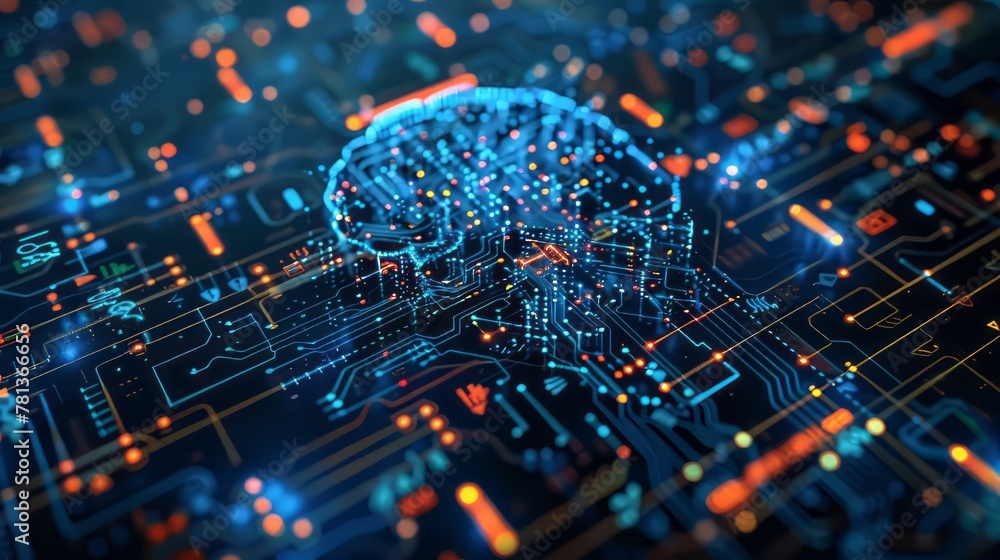 Poster a computer chip with a brain on it. the brain is made up of many small squares and lines